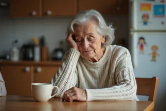 Femme âgée prenant soin de ses petits-enfants avec fatigue visible