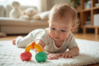 Bébé jouant avec des jeux d'éveil colorés et stimulants