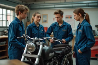 Jeune étudiant en mécanique moto travaillant sur une moto en atelier