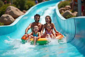 Parc aqualudique avec toboggans et familles s'amusant sous le soleil