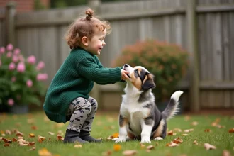 Chiot Berger Australien jouant avec des enfants dans le jardin