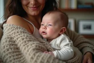 Nourrisson pleurant dans les bras de sa mère à six semaines