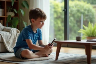 Enfant utilisant un téléphone portable dans un cadre scolaire