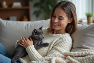 chaton gris-bleu jouant sur un tapis moelleux dans un salon lumineux