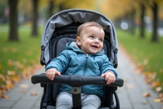 Bébé assis dans une poussette face à la route