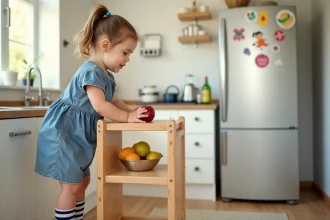 Enfant utilisant une tour Montessori pour explorer la cuisine