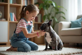 Enfant s'occupant d'un bouledogue bleu français avec attention