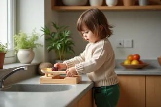 Enfant utilisant une tour d'observation Montessori pour cuisiner