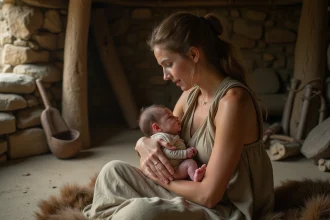 naissance du premier bébé humain dans un monde primitif
