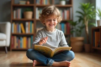 Un enfant lisant un livre personnalisé dans un décor enchanteur