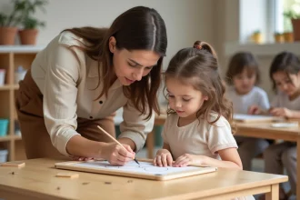Enfant travaillant avec concentration dans un environnement Montessori respectueux