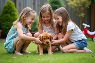 Chiot cocker jouant avec des enfants dans un environnement sécurisé