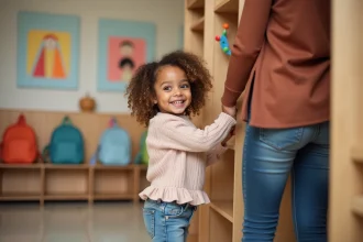 Enfant jouant dans une crèche avec des éducateurs attentifs