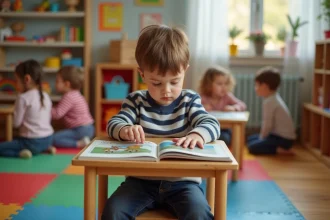 Enfant de trois ans jouant, préoccupé par son retard de langage