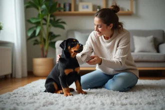 Un chiot Rottweiler explorant son nouvel environnement domestique
