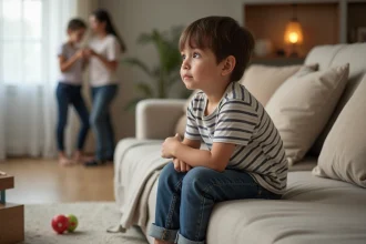 Enfant inquiet écoutant des disputes parentales dans une autre pièce