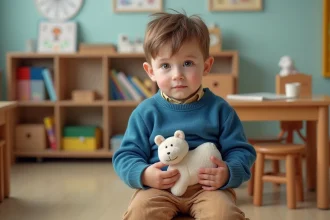 Enfant triste avant d'entrer en classe, exprimant ses émotions