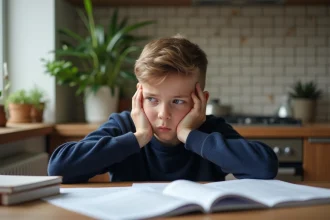 Enfant assis à la table, refusant de faire ses devoirs