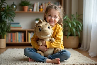 Un enfant câline sa peluche dinosaure avec tendresse