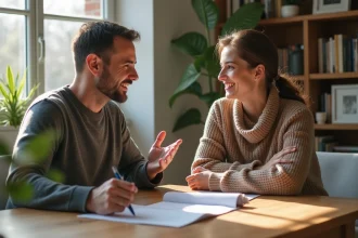 Couple en discussion pour un divorce amiable et respectueux