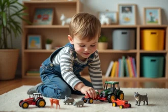 Enfants jouant avec des miniatures agricoles dans un environnement éducatif