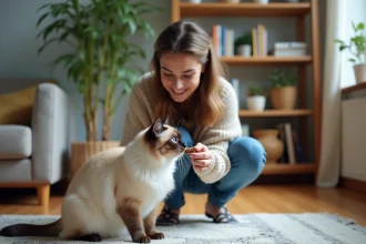 Chat croisé siamois explorant son environnement avec curiosité