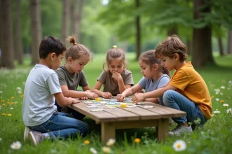 Jeunes enfants jouant à un jeu éducatif sur la nature