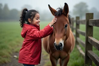 Enfant montant un poney avec un sourire joyeux
