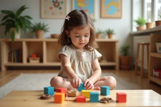 Enfant explorant librement dans un environnement Montessori éducatif