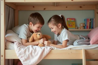 Chambre d'enfant avec lit superposé et rangements intégrés