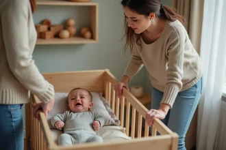 Un parent hésitant face aux pleurs de son bébé la nuit