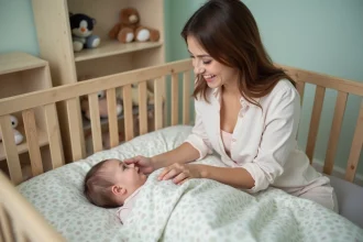 Duvet pour bébé sur un lit avec des conseils de sécurité