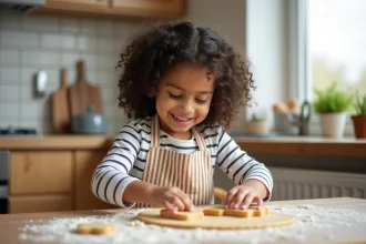 enfants jouant avec un kit de cuisine coloré dans une cuisine ensoleillée