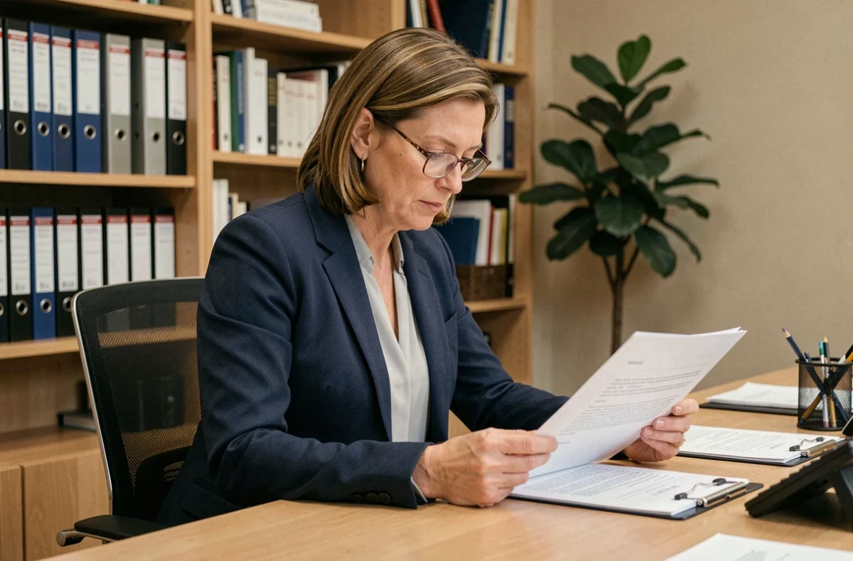 Professionnelle de la tutelle examinant des documents de gestion de comptes protégés dans un bureau juridique moderne