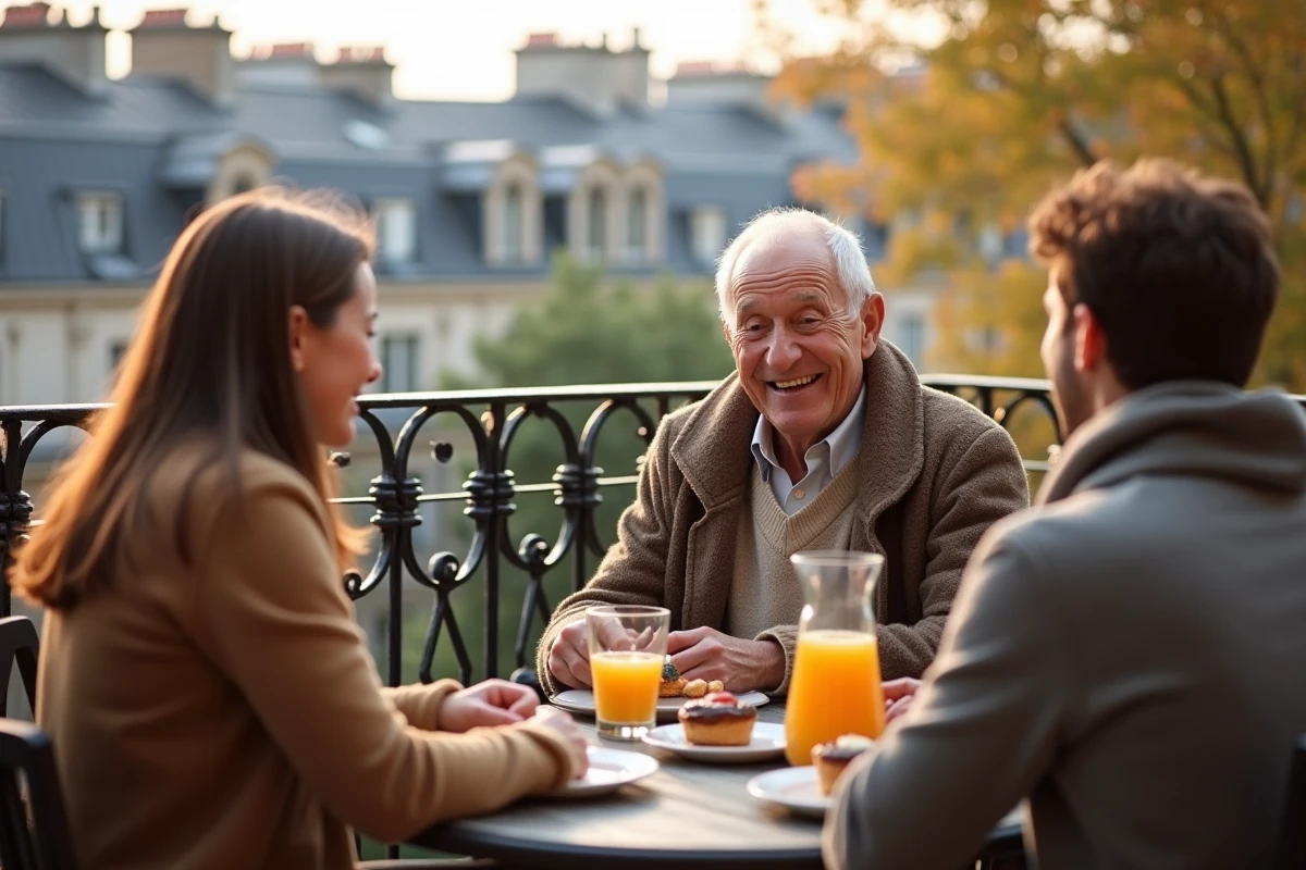 Famille de trois generations partageant un gouter sur un balcon parisien