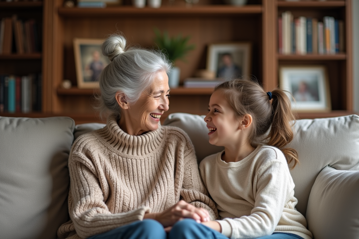 Une grand-mère et une petite fille rient ensemble sur un canapé