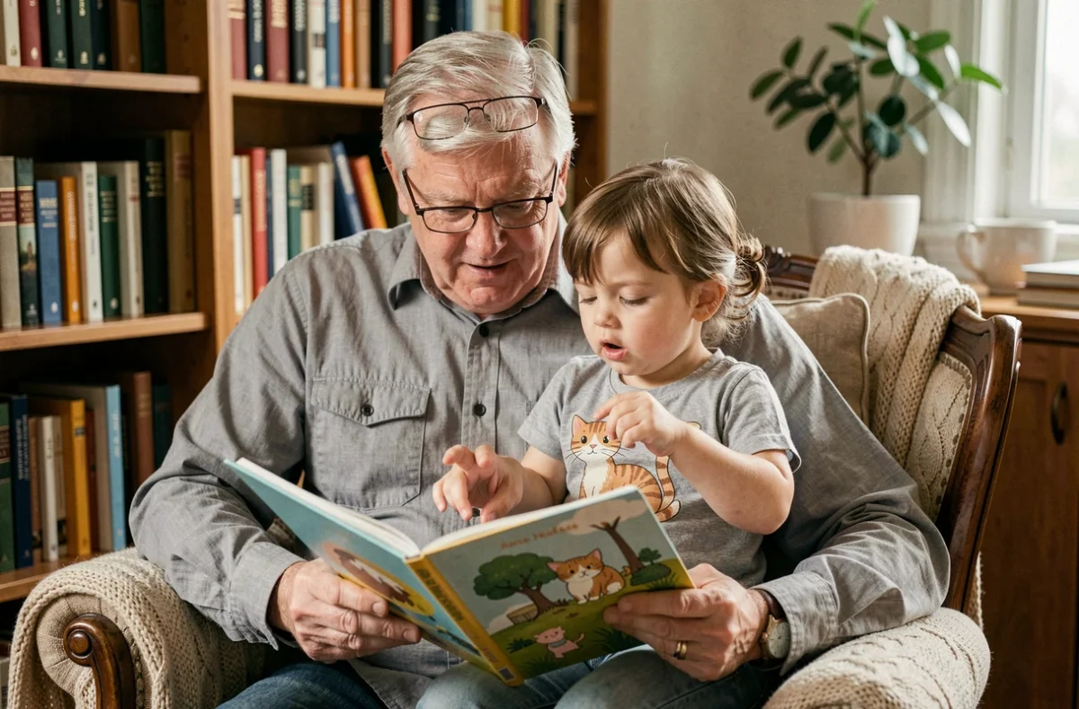 Grand-père et petite-fille lisant ensemble un livre illustré de comptines sur les chats dans un coin bibliothèque confortable