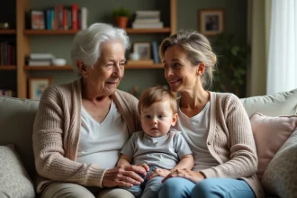 Grand-mere observant un bébé dans un salon chaleureux