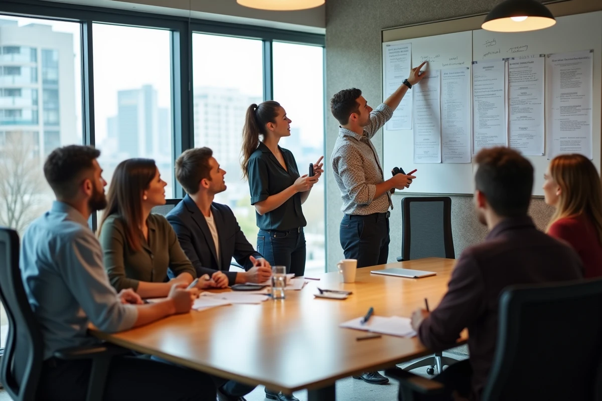 Groupe de collègues discutant autour d un calendrier dans un espace de travail