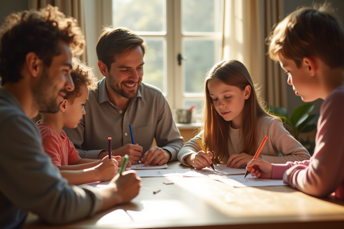 Groupe d'adultes et enfants dessinant autour d'une table lumineuse