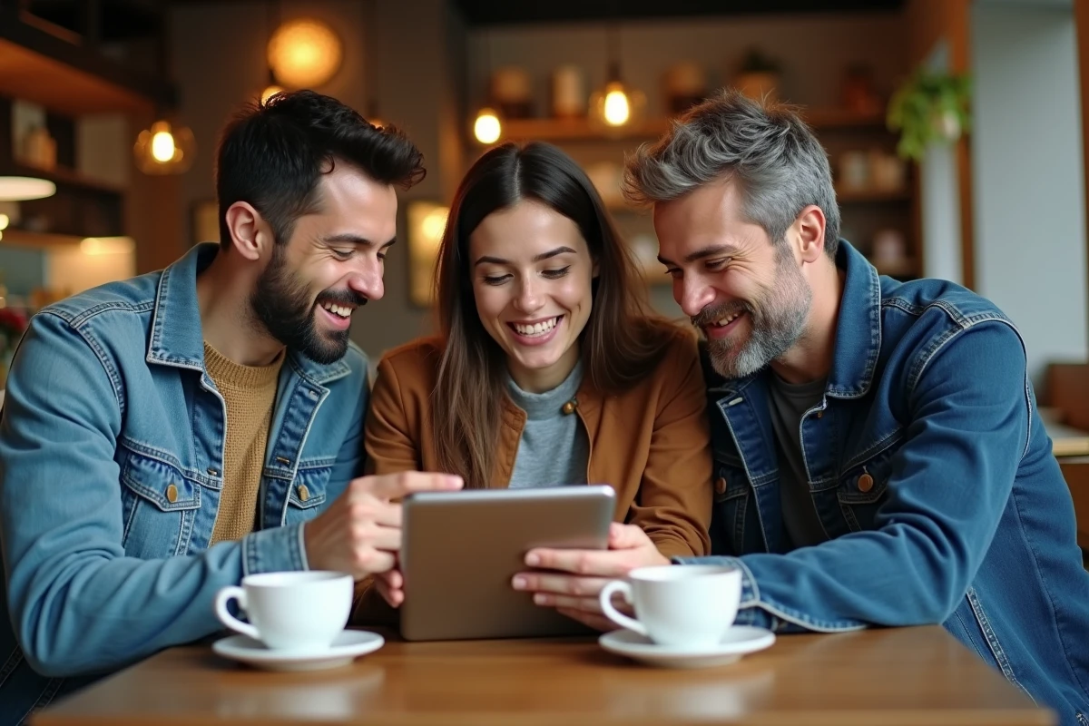 Groupe de personnes discutant de fausses informations sur une tablette dans un café