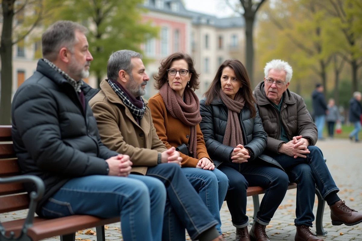 Groupe diversifié en discussion dans un parc urbain