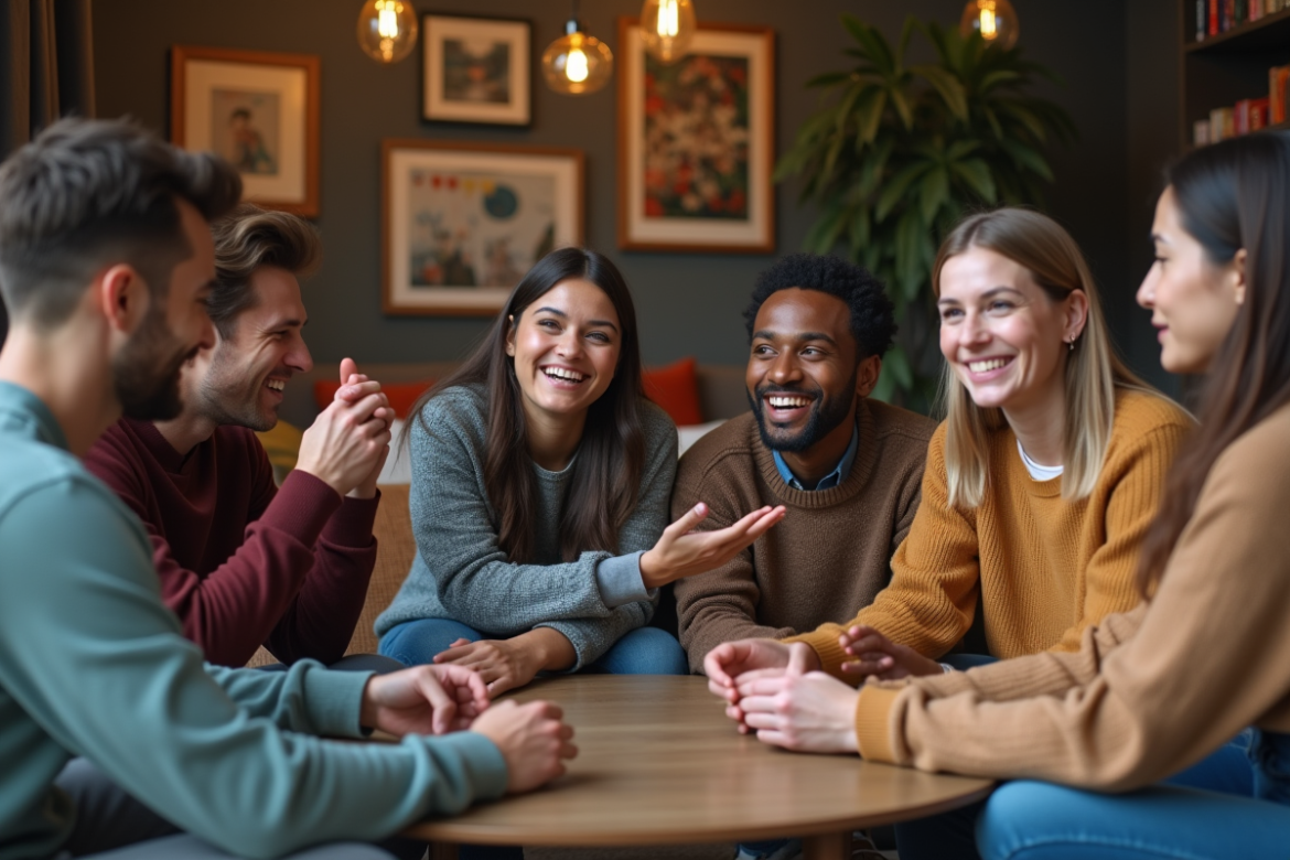 Groupe d'adultes divers discutant dans un salon cosy