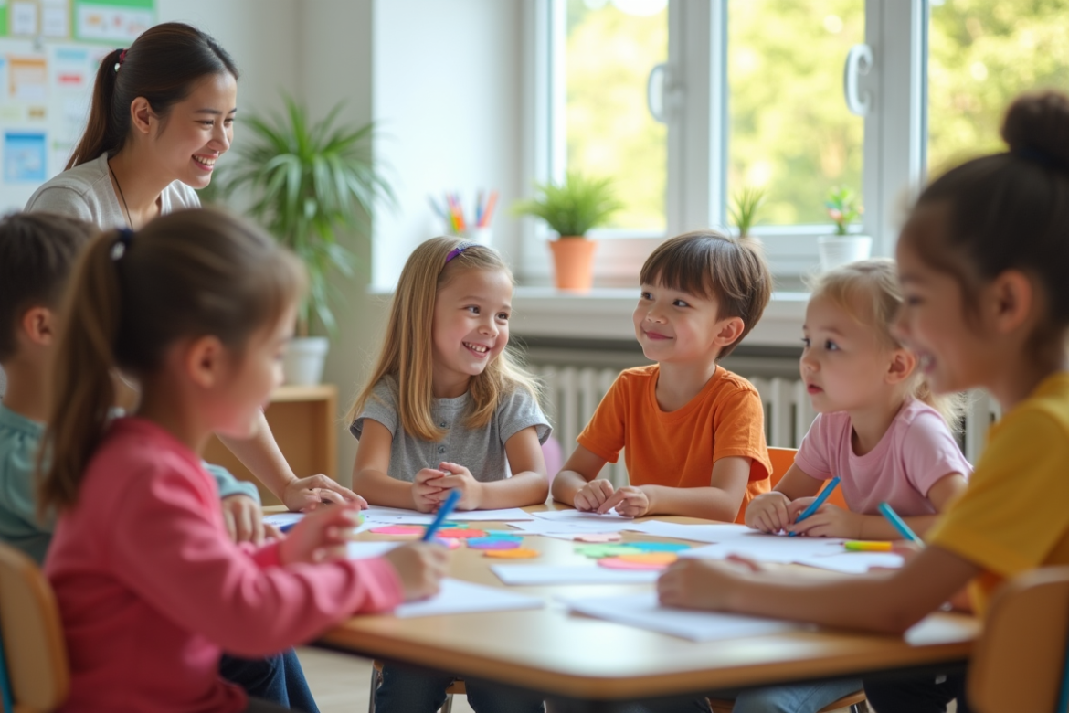Groupe d'enfants dans une classe lumineuse avec enseignant