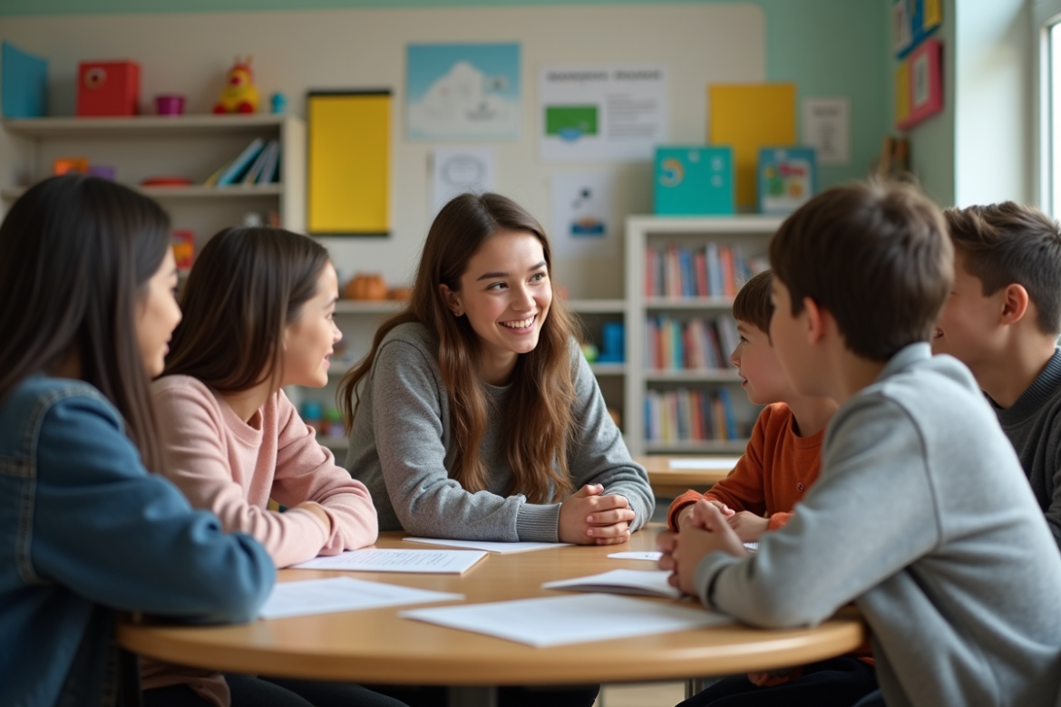 Groupe de parents et enseignante dans une classe chaleureuse