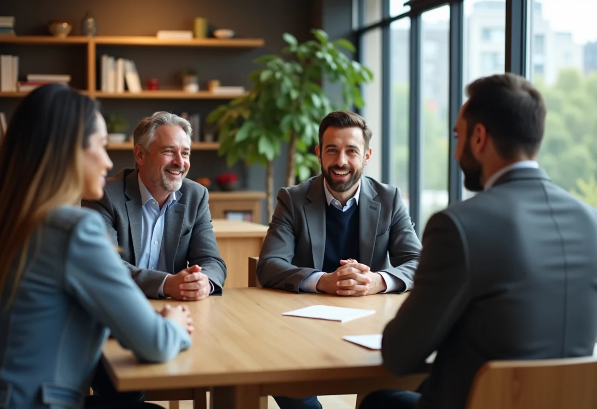 Adultes divers discutant dans un bureau moderne