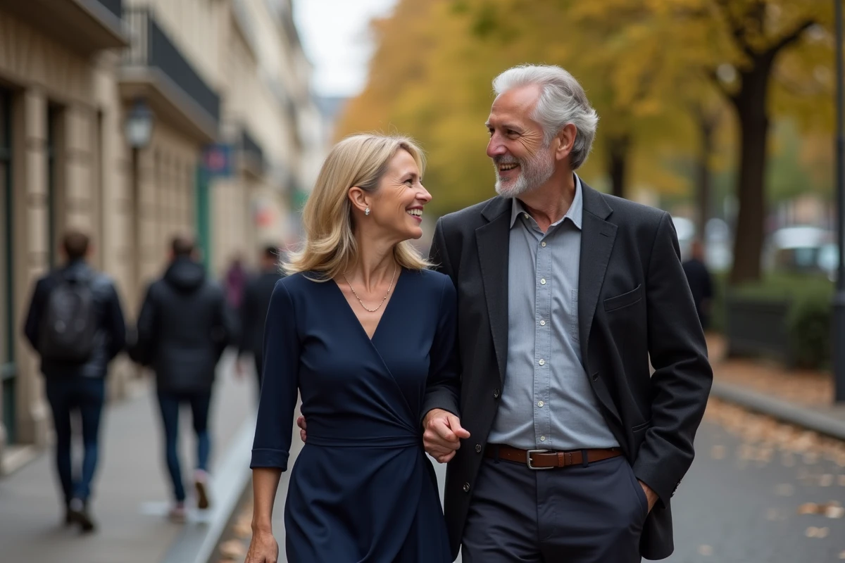 Couple élégant se promenant dans une rue pavée parisienne, illustrant la vie de couple discrète d'une célébrité française