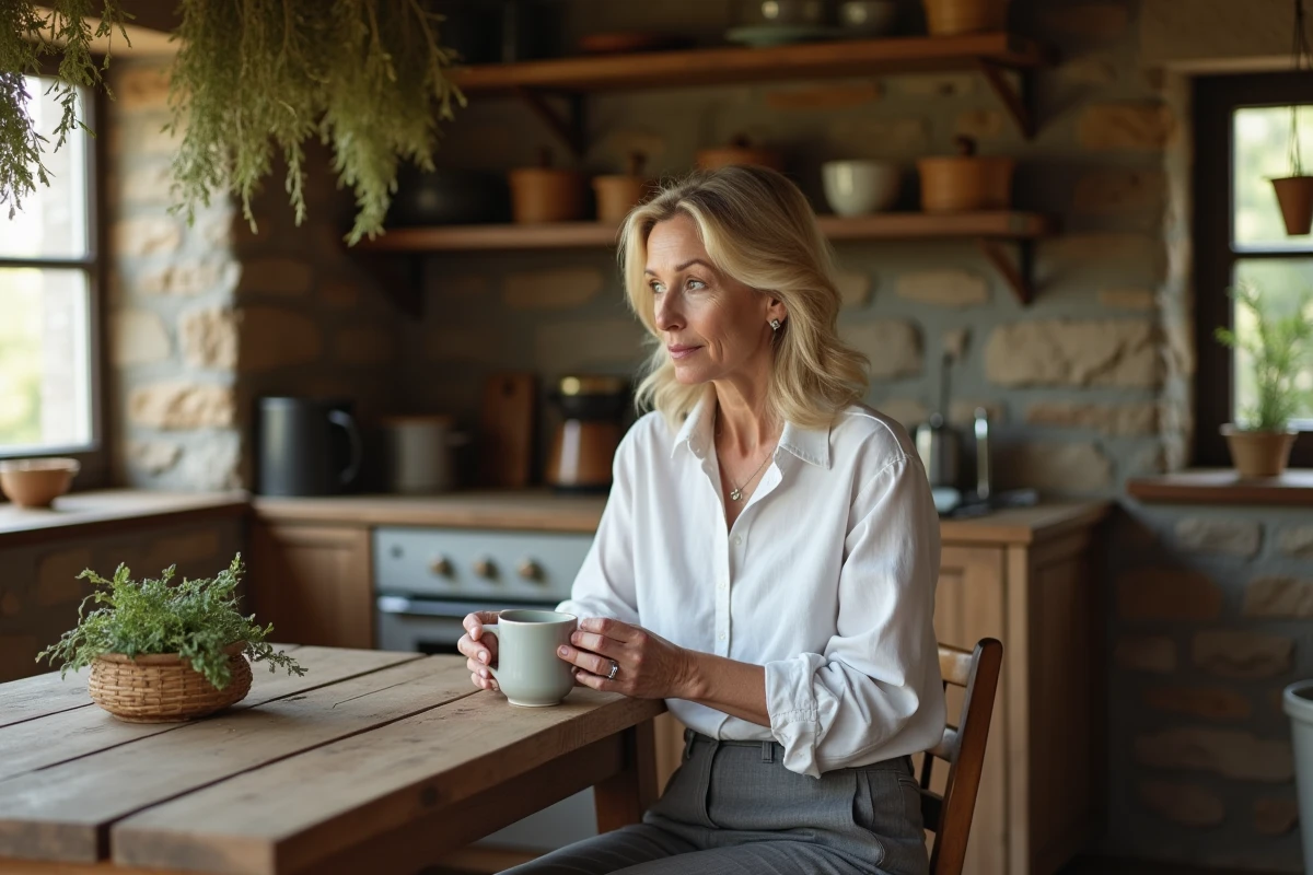 Femme pensive attablée dans une cuisine rustique à la campagne, symbolisant les rares confidences sur la vie privée d'Hélène Rollès