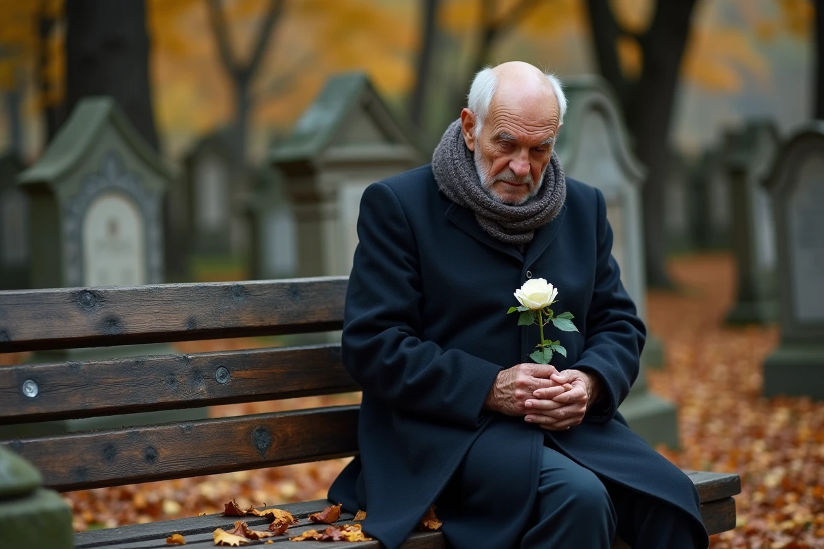 Homme âgé tenant une rose blanche devant une tombe dans un cimetière automnal en souvenir de sa mère