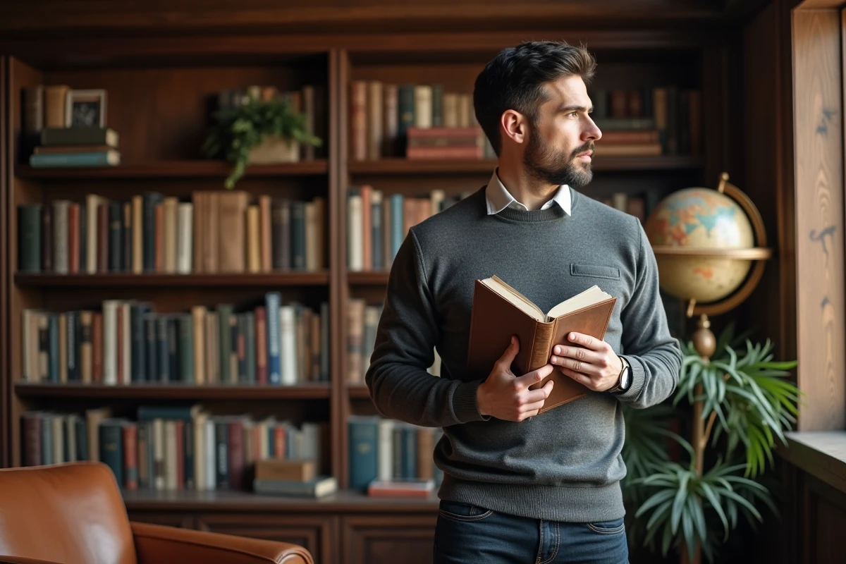 Homme contemplatif dans une bibliothèque privée entourée de livres de voyage, symbolisant la vie intime et protégée d'un personnage médiatique